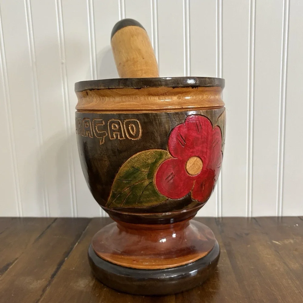 Vtg Hand Carved Wood Pilón Mortar & Pestle Set Curaçao Floral Folk Art Travel
